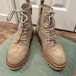 Beige suede zip up moto/combat boot by Vince; women’s 8